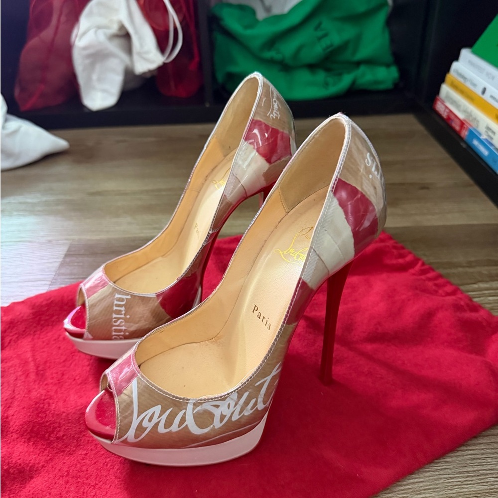 Christian Louboutin Red and Tan Peep Toe Heels